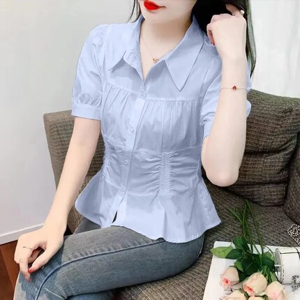 高档短袖衬衫女夏季甜美减龄收腰设计感新款小众衬衣时尚小衫上衣