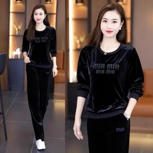 金丝绒运动服套装女2025春秋新款时尚休闲圆领卫衣阔腿裤两件套潮
