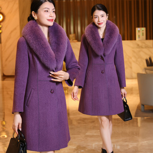 紫色双面呢毛呢大衣羊绒外套女秋冬休闲羊毛短款高级感真狐狸毛领
