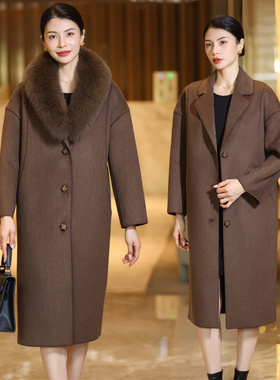 双面羊绒大衣秋冬毛呢外套高级感中长款韩式真狐狸毛领棕色呢子女