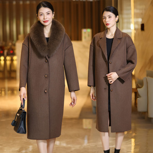 双面羊绒大衣秋冬毛呢外套高级感中长款韩式真狐狸毛领棕色呢子女