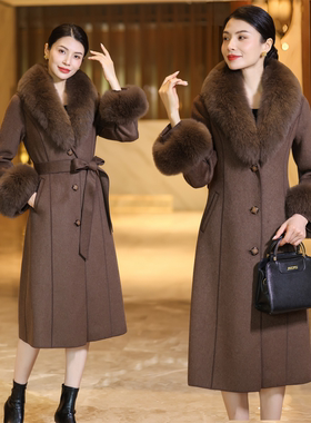 双面羊绒大衣女秋冬高端羊毛呢中长款洋气真狐狸毛领中年毛呢外套