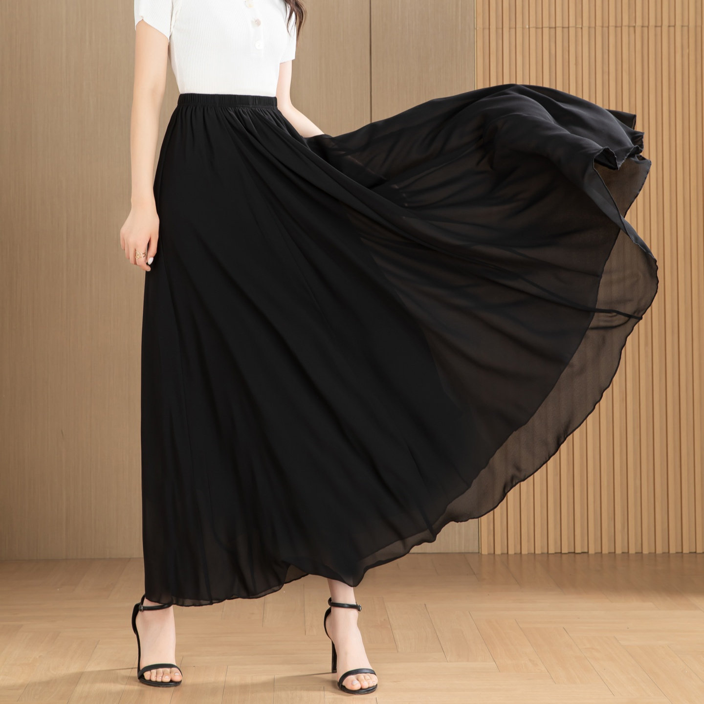 黑色大摆雪纺半身长裙夏女显瘦气质广场舞裙百褶妈妈裙子仙女裙