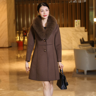 气质双面呢毛呢外套羊毛羊绒大衣真狐狸毛领短款女秋冬棕色保暖