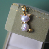 花开童年天然淡水巴洛克珍珠小猫咪吊坠碎银子项坠项链可爱猫儿