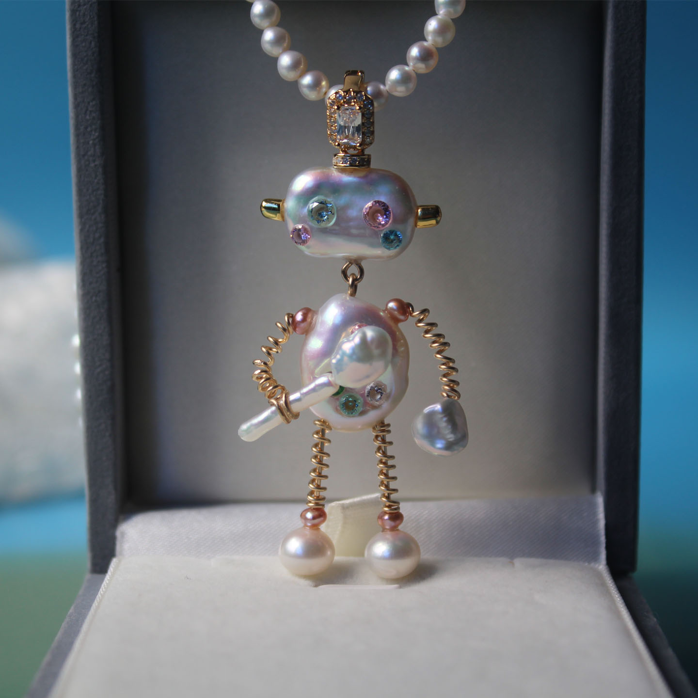 花开童年小画家机器人吊坠天然淡水极光巴洛克珍珠项坠珍珠项链