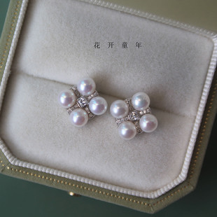 花开童年真珍珠天然淡水极光珍珠四珠耳钉四叶草耳环耳饰