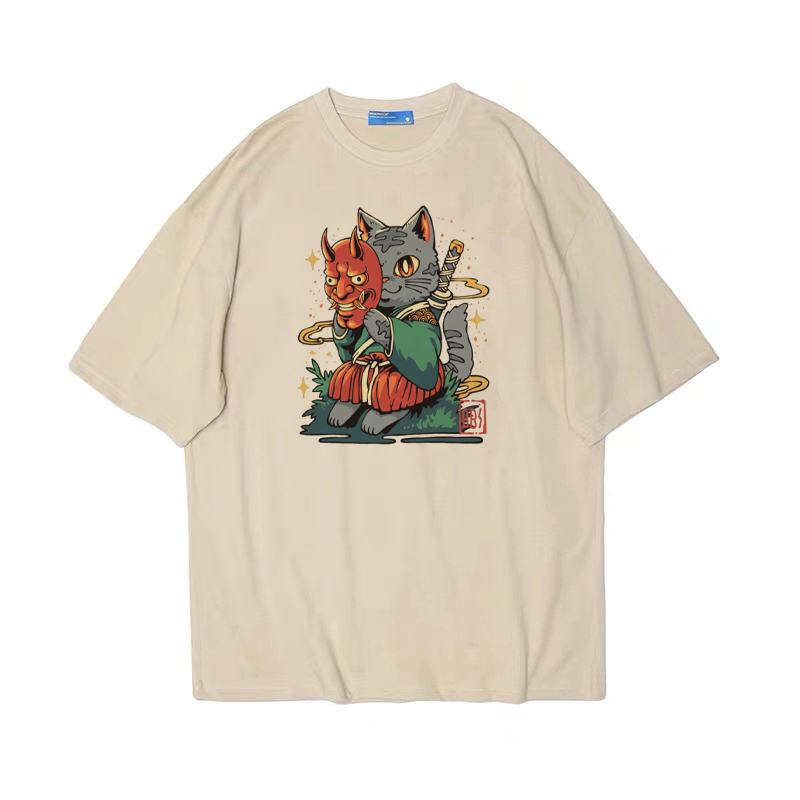 日系面具猫 趣味古着印花美式休闲宽松复古vintage男女纯棉T恤tee