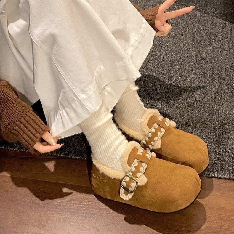 保暖一脚蹬厚底加绒棉鞋女款2025冬季新款5cm复古棕色勃肯毛毛鞋