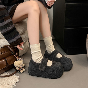 内增高厚底勃肯鞋女加绒灰色玛丽珍毛毛鞋女冬外穿韩版呢子棉鞋子