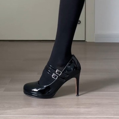 2025年新款野孩子同款高跟细跟单鞋圆头法式一字带玛丽珍小皮鞋