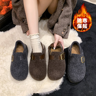 复古内增高两穿勃肯鞋女2025新款秋冬毛呢懒人一脚蹬厚底加绒棉鞋