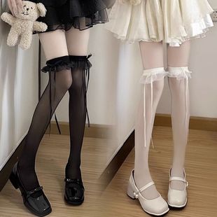 薄款 迷人丝袜女夏季 蕾丝边甜美蝴蝶结Lolita纯色丝带美腿过膝长袜