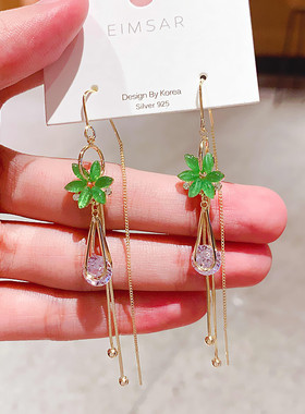 春夏长款绿色花朵流苏耳环