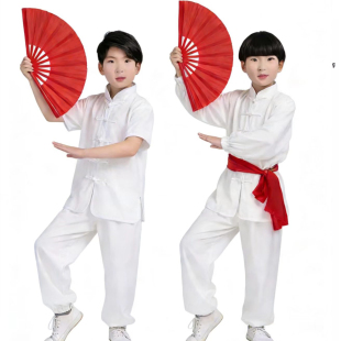 儿童武术表演服长短袖白色套装男童太极功夫服小学生武术扇演出服
