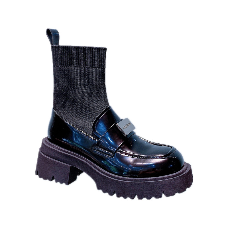 XUAN BAZAAR 2023 AUTUMN NEW EUROPEAN AND AMERICAN SQUARE TOE METAL BUCKLE SOCK BOOTS THICK-SOLED LOAFERS STRETCH TEMPERAMENT SINGLE BOOTS