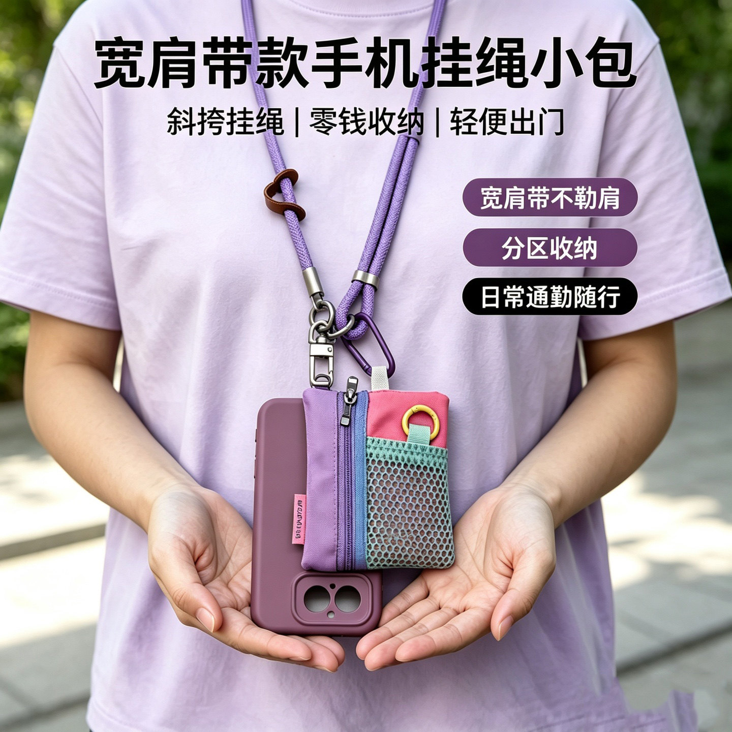迷你零钱包手机挂绳斜挎宽肩带款新品挂件可背夹片男女可爱高级挂链手机壳挂脖防丢挂脖多功能户外旅游登山