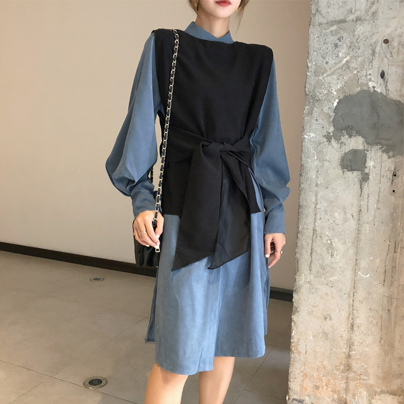 Real shot real price Korean Lantern Sleeve medium length shirt skirt loose dress shirt with vest two piece set