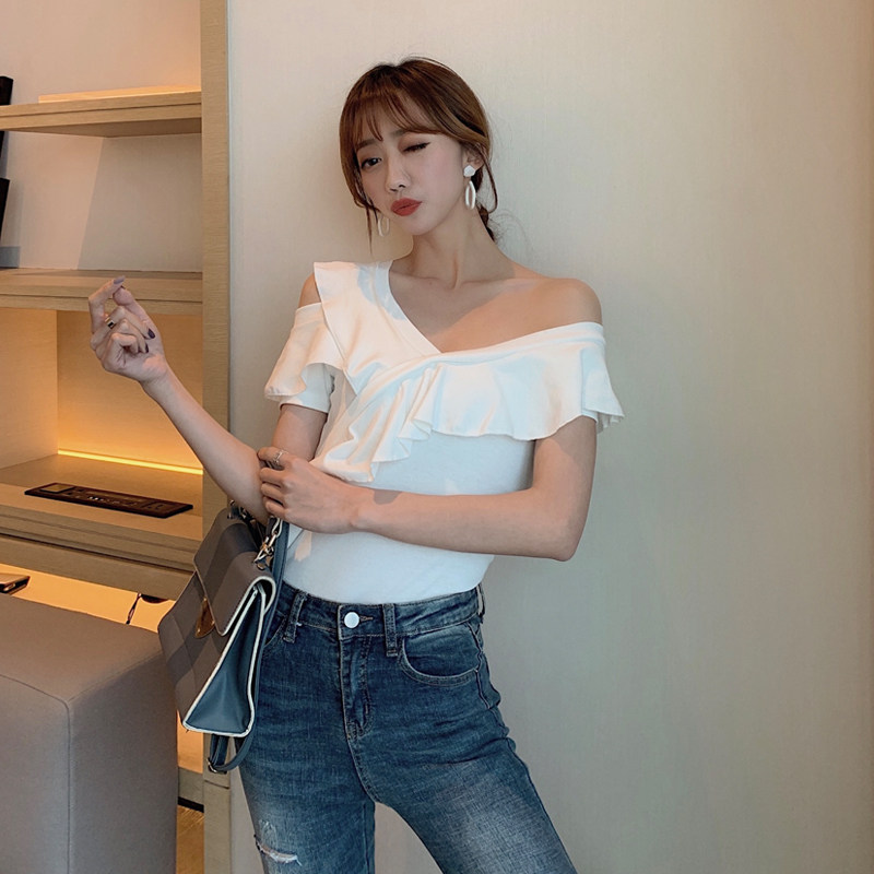 Real price slant collar playful off shoulder slim personality ear edge one line collar top short sleeve T-shirt