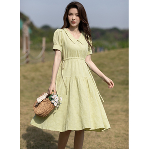 RM1185# 绿色连衣裙韩版女装V领抽绳收腰小个子甜美宽松a字裙
