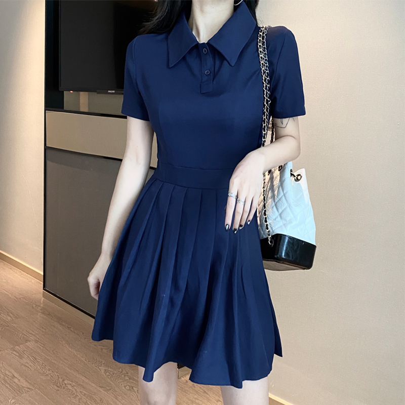 Real photo real price Korean women's summer French little campanulata dress Hepburn fairy collar pleated skirt