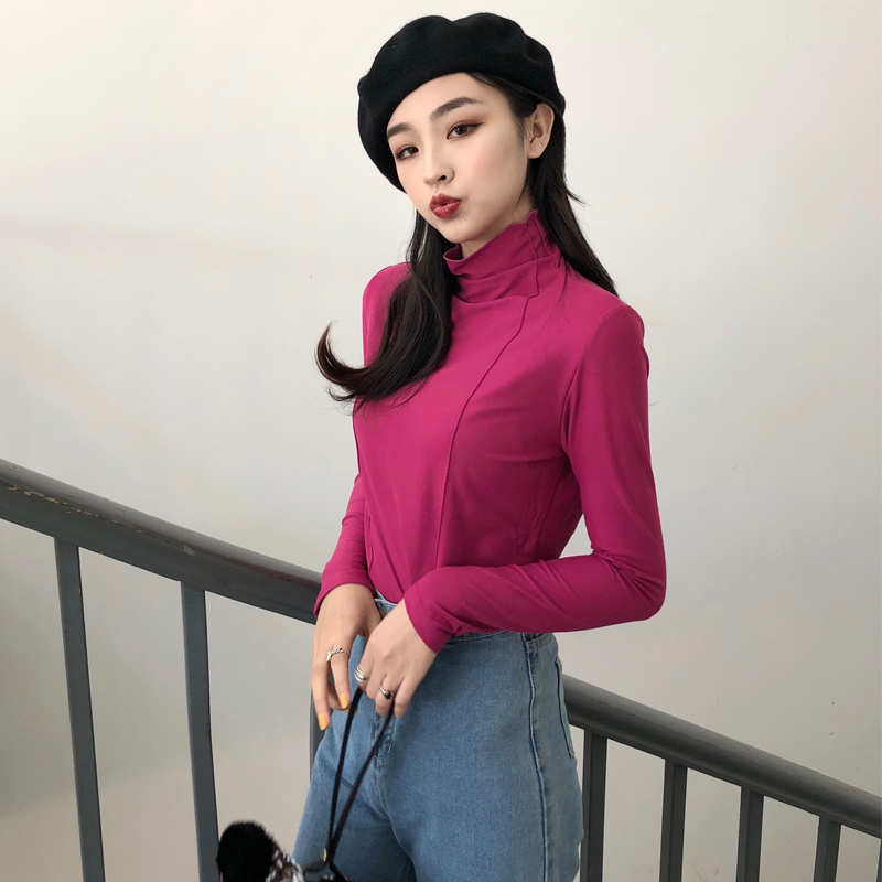 Real shot bottom price Korean women's clothing autumn and winter new leisure high collar slim fit versatile long sleeve bottoming t-shirt t-shirt
