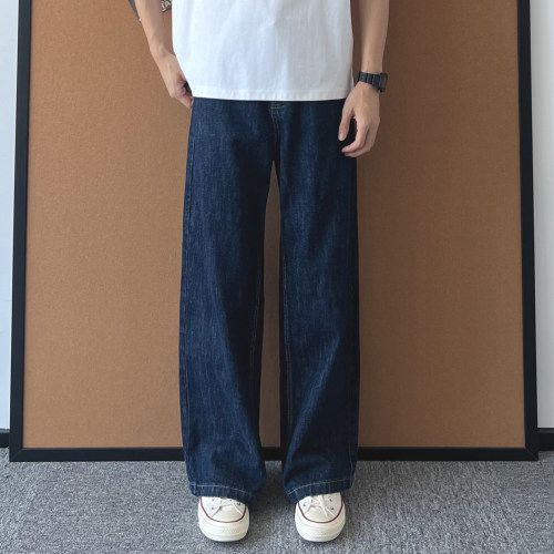 复古丹宁色直筒牛仔裤男四季休闲百搭cleanfit宽松深蓝色长裤子潮