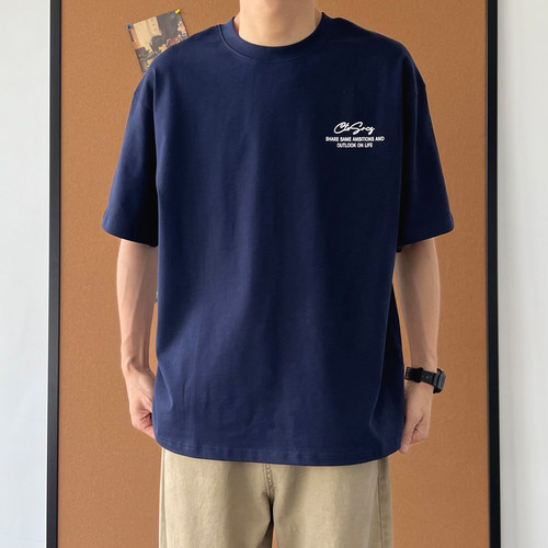 藏青色背后印花短袖T恤男2026夏季新款重磅纯棉圆领宽松休闲上衣