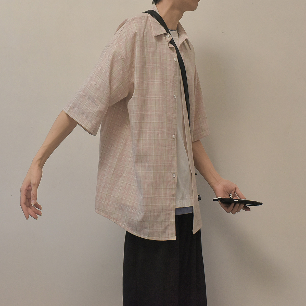 文艺小清新格子衬衫男五分中袖衬衣D312-KD579-P45,男装衬衫,电商D312