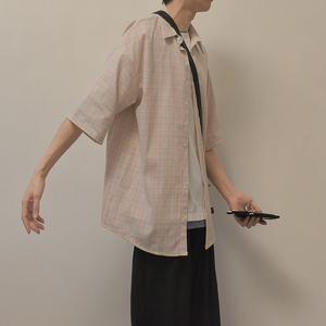 文艺小清新格子衬衫男五分中袖衬衣D312-KD579-P45图片