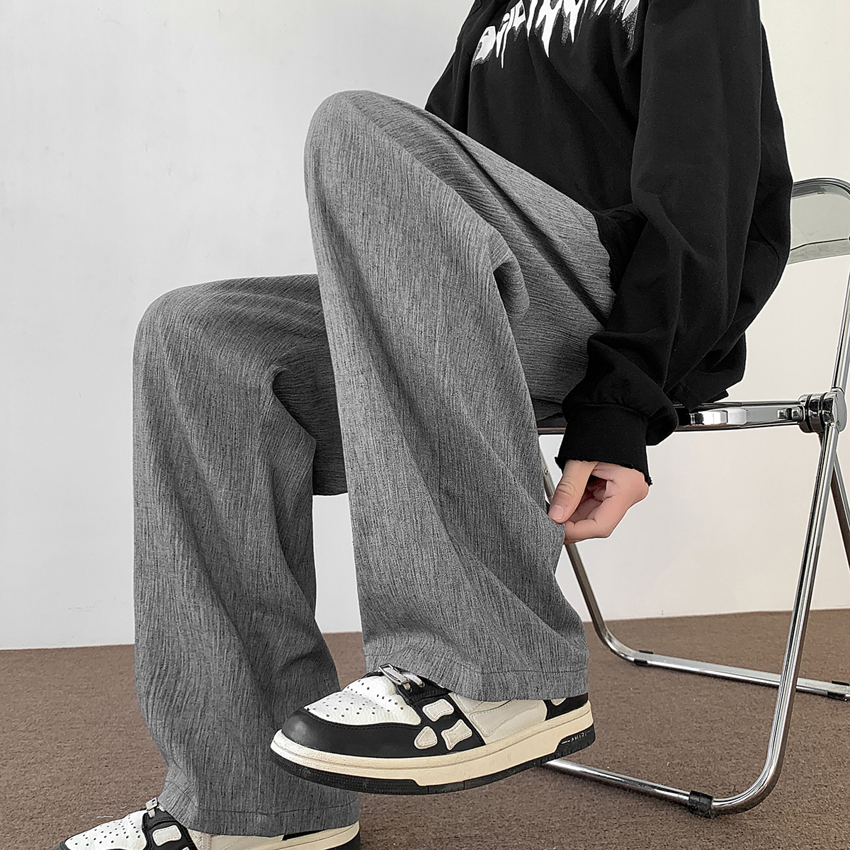 棉麻休闲裤男生纯色长裤麻点灰色裤子D312-KD573-P45，男装休闲裤，电商D312