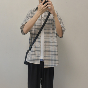 文艺小清新格子衬衫男五分中袖衬衣D312-KD579-P45图片