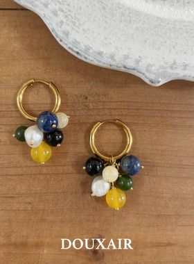 葡萄天然石吊坠耳环巴洛克珍珠玛瑙圆珠灵动手工耳饰品女小众复古