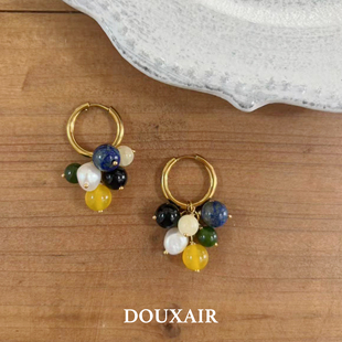 葡萄天然石吊坠耳环巴洛克珍珠玛瑙圆珠灵动手工耳饰品女小众复古