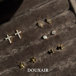 小巧迷你s925纯银耳钉微镶锆十字架花卉耳饰法式通勤百搭耳骨钉女