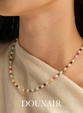 双12新品天然小米珍珠项链彩虹多巴胺碧玺串珠锁骨链手工编织闪面