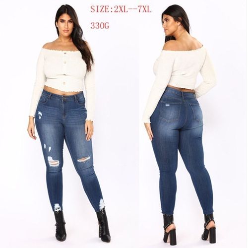 Big size ripped jeans women clothes ladies Plus Size pants女