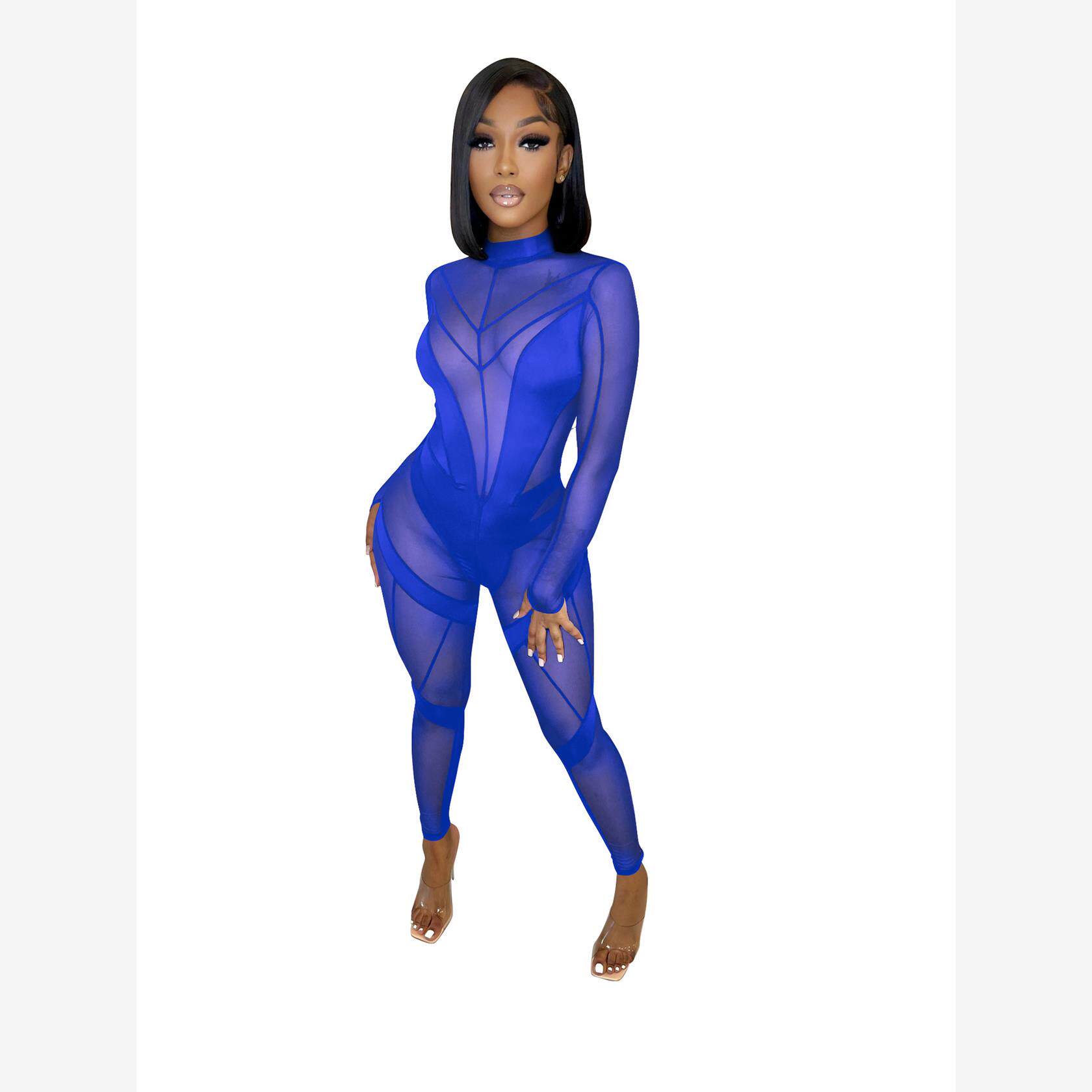 bodycon overall jumpsuit women 欧美性感透视网纱拼接连体裤黑