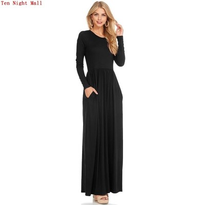 Solid color long sleeve round neck casual dress