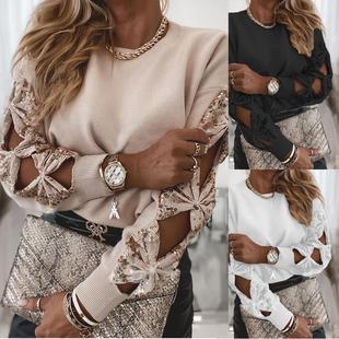 Sleeve Sequin Sweater珠片拼接镂空上衣 Long out Bowknot Cut