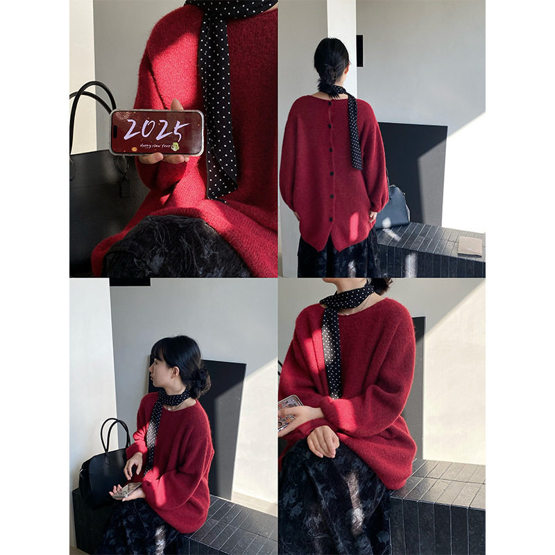 过节氛围感！后背纽扣灯笼袖慵懒毛针织衫
