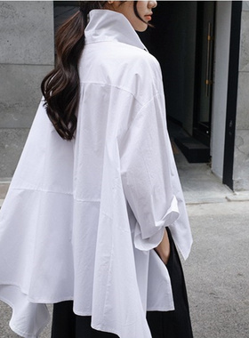 春秋装日系白色衬衫女韩版宽松大码斗篷型长袖不规则衬衣时尚上衣