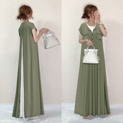 日系2023夏装圆领短袖拉链连衣裙后背拼接压褶连衣裙Long dress