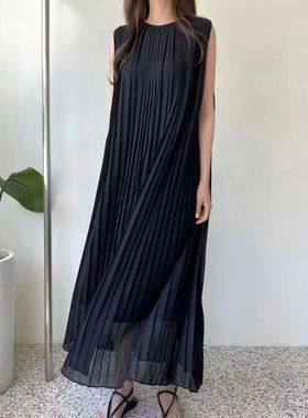 2023日系乐天夏季收腰显瘦无袖百褶雪纺连衣裙长裙配腰带DRESS