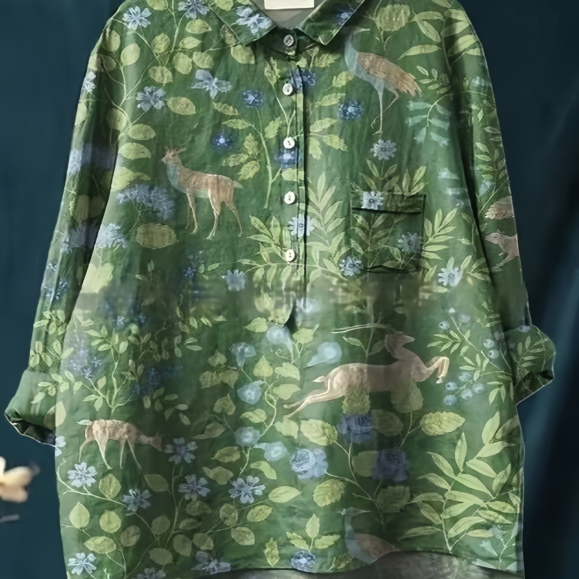 外贸女装2025秋季新款印花长袖跨境女士长袖衬衫棉麻大码上衣