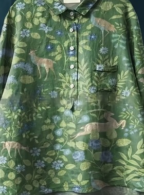 外贸女装2025秋季新款印花长袖跨境女士长袖衬衫棉麻大码上衣