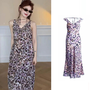 浪漫油画艺术印花豹纹真丝花色连衣裙女夏季新款荷叶边短袖长裙子