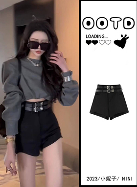 黑色双皮带性感短裤女2025夏季韩版设计感辣妹高腰显瘦包臀热裤潮