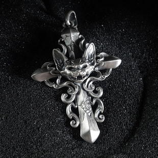 kozoo原创设计德文妖猫面十字架挂坠新款项链宠物情侣饰品925纯银