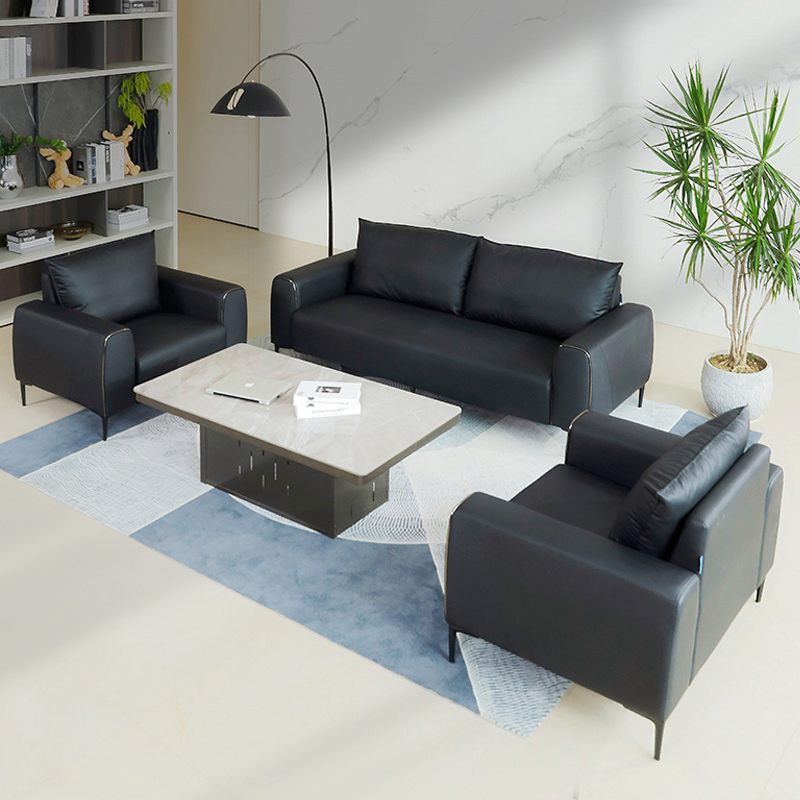 办公沙发茶几组合会客区贵宾接待真皮黑色简约洽谈商务办公室沙发